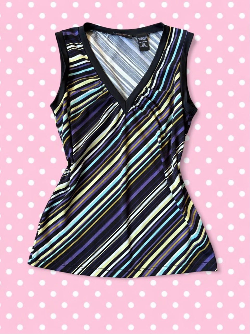 New York & Company Black Multi-Striped V-Neck Sleeveless Tank